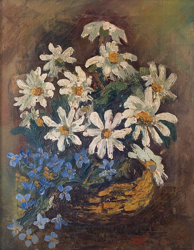 Still life with daisies and blue flowers in a basket.