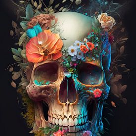 Schedel met kleurrijke bloemen tegen een zwarte achtergrond van Stefan van der Wijst