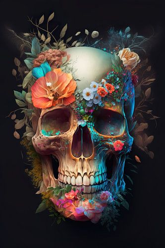 Schedel met kleurrijke bloemen tegen een zwarte achtergrond van Stefan van der Wijst