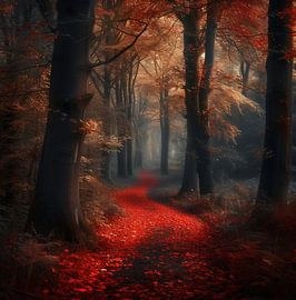 Mystical forest landscape at sunset