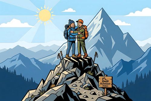 Bergbeklimming geslaagd: gelukkige wandelaars vieren feest op de top