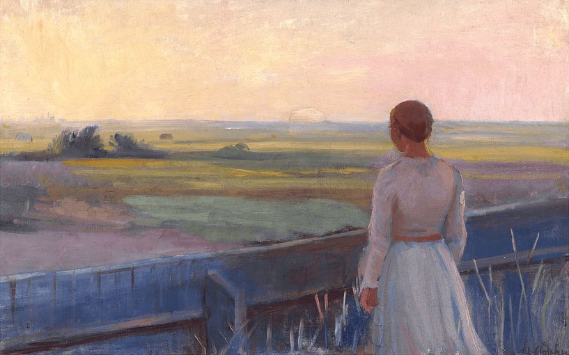 Anna Ancher, Tegen de avond. Een jong meisje bij een hek kijkt uit over de velden, Skagen van Atelier Liesjes
