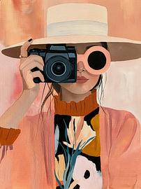 Female photographer with a camera and a large sun hat by Lina van Oers