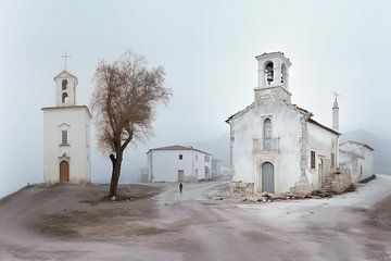 Le village de montagne blanc enveloppé de brouillard sur Karina Brouwer