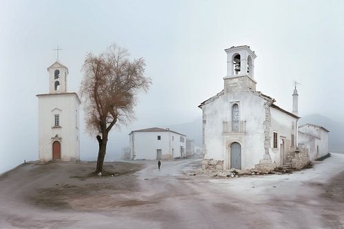 The white mountain village shrouded in fog