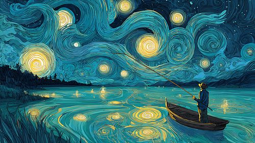 Man Fishing Stars Under Starry Night