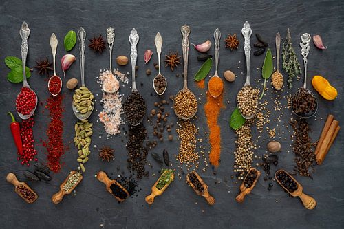 Exotic spices and herbs on dark slate II