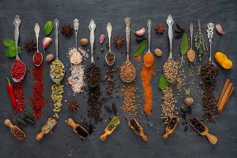 Exotic spices and herbs on dark slate II by Photo Art Thomas Klee