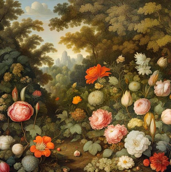 Een tuin vol met bloemen in de stijl van Ambrosius Bosschaert van Carina Dumais