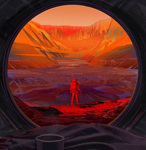 STK204853S-Artiest's concept van een astronaut op Mars, gezien door het raam van een ruimteschip.