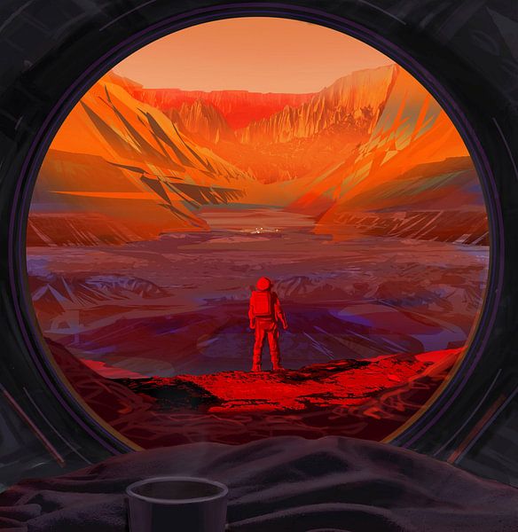 STK204853S-Artist&#039;s Konzept eines Astronauten auf dem Mars, wie durch das Fenster eines Raumschiffs gesehen. von Stocktrek Images