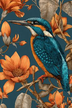 Eisvogel zwischen Blüten in eleganter Illustration