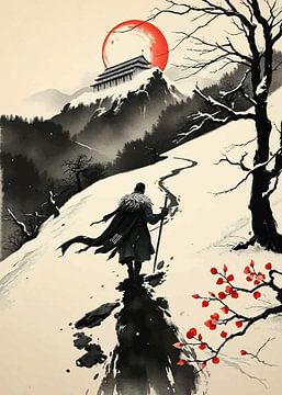 Paysage à l'encre de samouraï Ronin japonais - Art intemporel inspiré de Sumi-e
