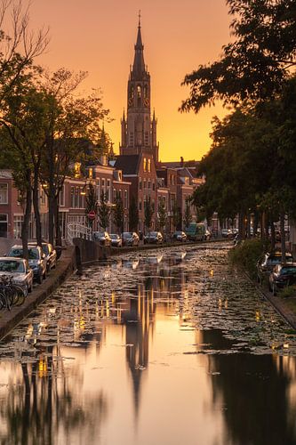 Nieuwe kerk Delft bij zonsondergang