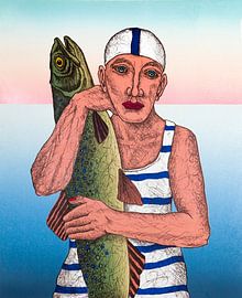 Frau mit Badekappe und Fisch von Helmut Böhm