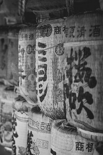 Sake barrels in black and white