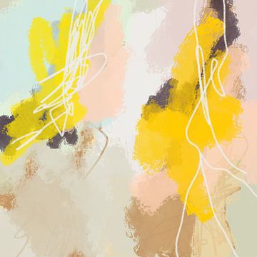 Modern abstract kleurrijk schilderij in pastelkleuren. Geel, wit, roze, beige, lichtblauw van Dina Dankers