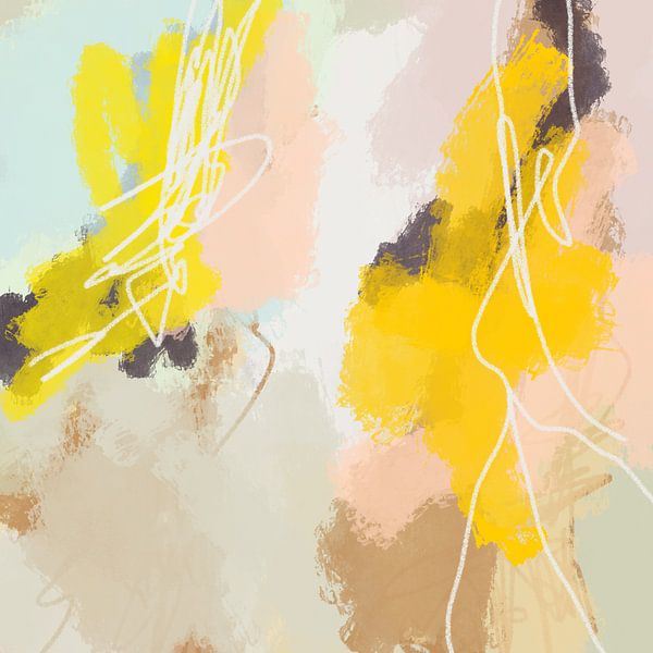 Moderne abstrakte bunte Malerei in Pastellfarben. Gelb, weiß, rosa, beige, hellblau von Dina Dankers