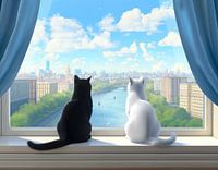 cat looks through window