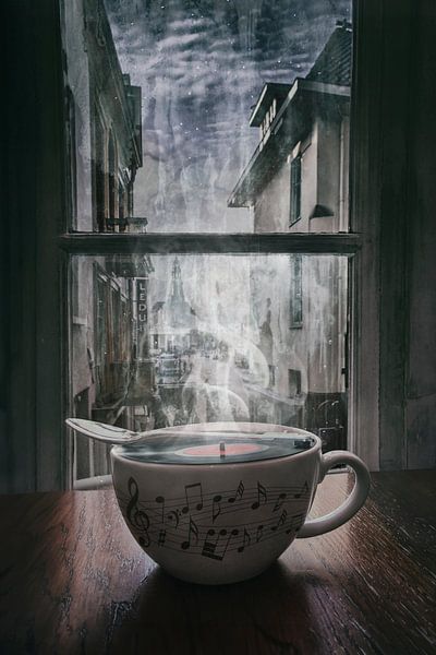 Vintage Koffie Muurkunst - Muzikale Noten en Vinyl Schuim - Perfect voor Koffieliefhebbers van Elianne van Turennout