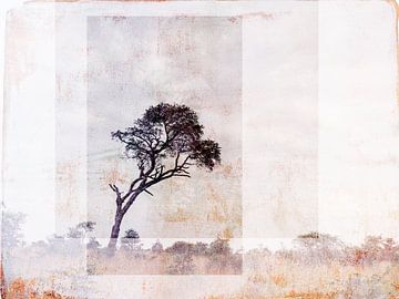 Boom in Steppe: Mixed Media kunstwerk in warme pasteltinten van Imaginative