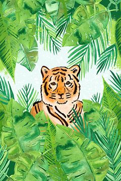 Tiger in Dschungel Aquarellfarbe von Karin van der Vegt