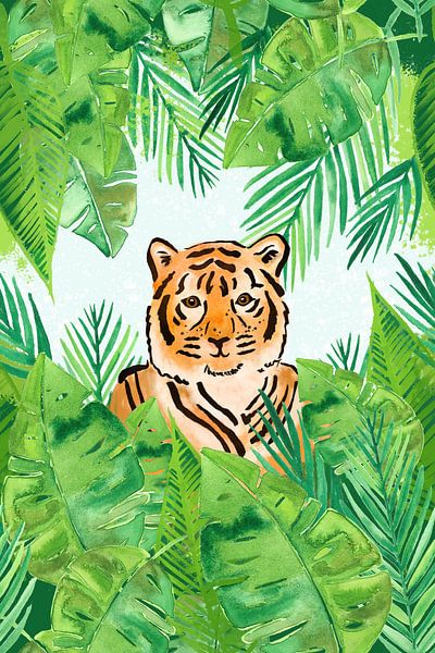 Tiger in Dschungel Aquarellfarbe von Karin van der Vegt