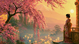 Geisha in Japan at sunset over Mount Fuji by Egon Zitter