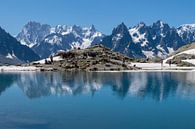 Lac Blanc met weerspiegeling en besneeuwde bergen van Linda Schouw thumbnail