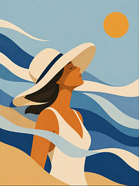Illustration estivale représentant une femme portant un chapeau de soleil et des vagues bleues abstraites sur DesignDoodle