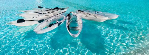 Panorama shot of glass rowing boats in the lake of the Ciudad de las artes y las ciencias in Valenci