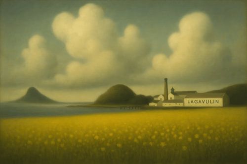 Lagavulin distilleerderij tussen geel bloeiend gras