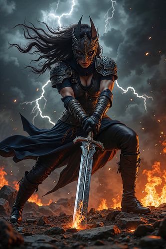 VELYNTHRA – The masked shadow warrior in battle by INFERAURUM