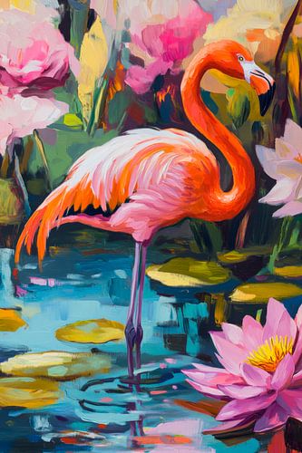 Flamingo in de bloemenvijver