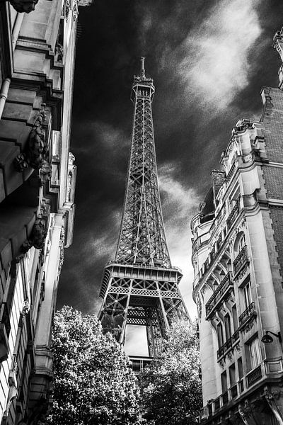 Eiffel Tower Paris from alley black and white by Martin Albers Photography