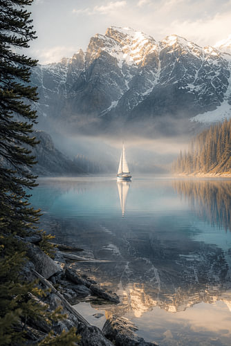 Mountain Serenity – A sailing boat on a crystal-clear mountain lake