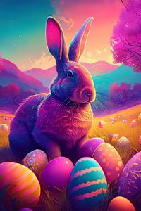 Osterhase mit bunten Ostereiern im Gras mit Birkenbäumen