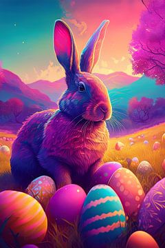 Osterhase mit bunten Ostereiern im Gras mit Birkenbäumen von Jörg B. Schubert