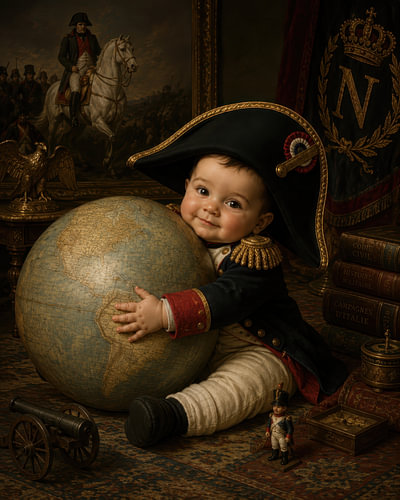 Baby Napoleon umarmt den Globus von Peter Pen Zeichnungen und Gemälde