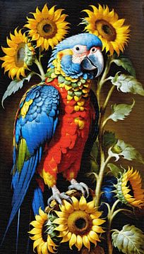 Papegaai tussen zonnebloemen -1 van Maud De Vries