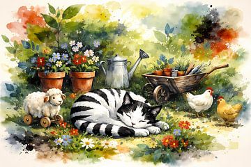 Slapende kat in tuin