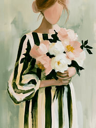 Portrait féminin abstrait avec des fleurs vertes et roses
