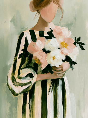 Abstraktes Frauenporträt mit Blumen in Grün und Rosa von Studio Allee