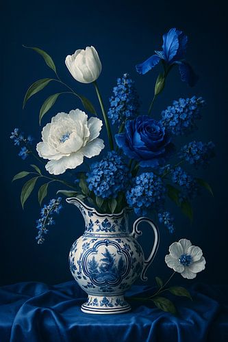 Delfts blauw bloemstilleven in klassieke vaas