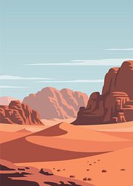 Minimalist desert landscape illustration with sand dunes, rocky mountains, and blue sky. by Adam Khabibi
