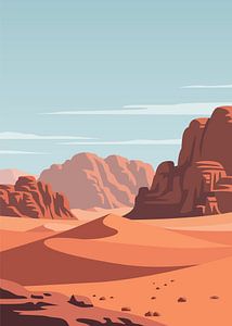 Minimalistische Illustration einer Wüstenlandschaft mit Sanddünen, felsigen Bergen und blauem Himmel.