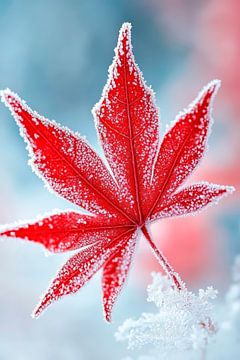 Rood blad in de vorst - Winter elegantie van Poster Art Shop