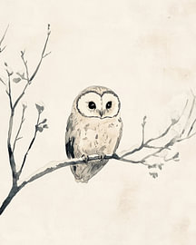 Eule auf einem Ast in einer minimalistischen Schwarz-Weiß-Illustration von Eva Lee