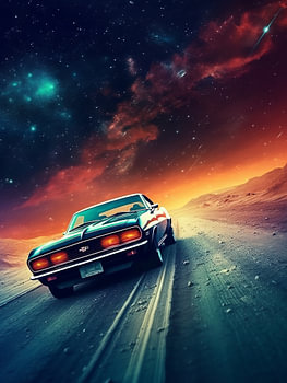 muscle car in mars with moon space world earth