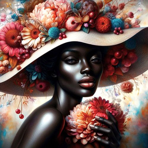 portrait d'une femme avec un chapeau et des fleurs